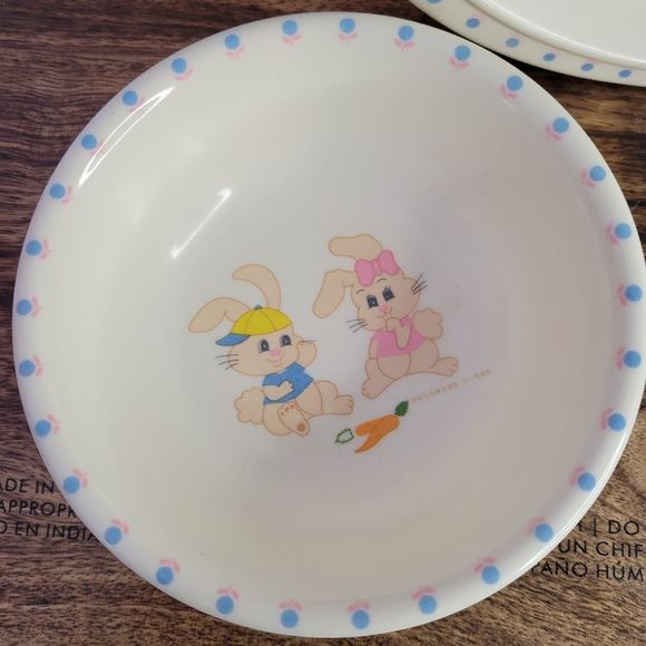 Vintage 1986 Peco Divided Childs Plate  and Bowl Set Turtle Bunnies Mushrooms - Picture 8 of 12